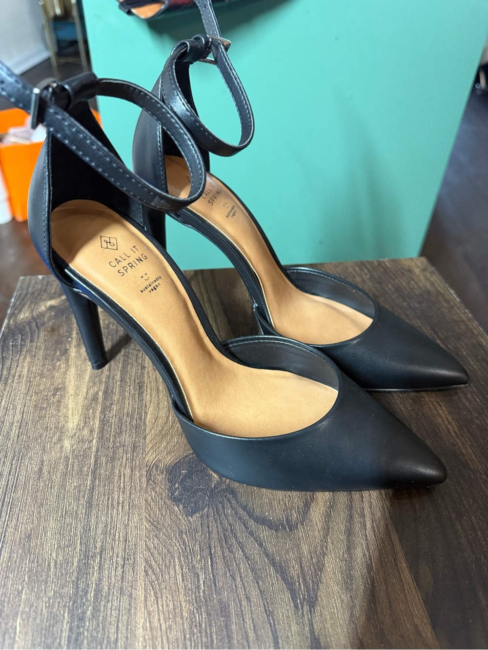 Call It Spring Black Pointed Ankle-Strap Pumps- Size 7